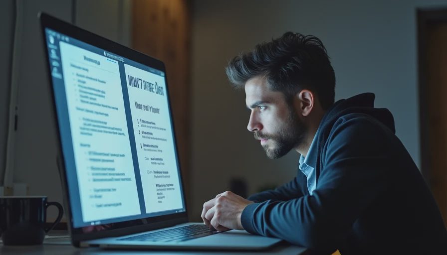 A documentary-style photo capturing a late-night AI interrogation session on a laptop, showing a draft resume and a list of critical AI-generated questions.