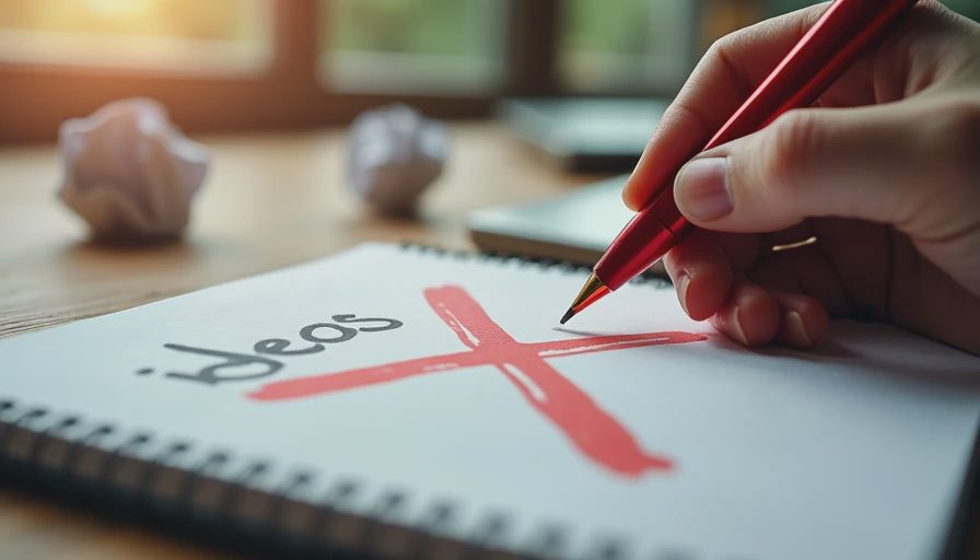 A close-up documentary photo showing a hand using a red pen to firmly cross out a list of abandoned ideas in a notebook.