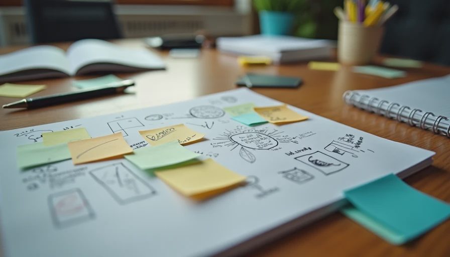 A close-up documentary photo of a messy desk covered in sticky notes and notebooks with various business ideas.