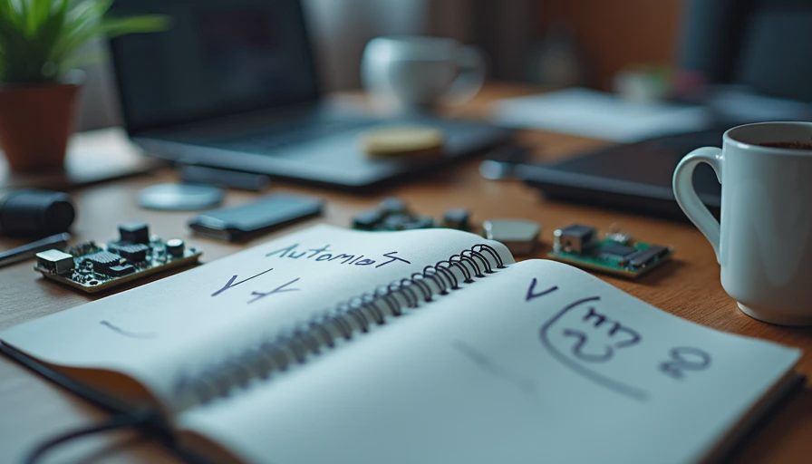 A close-up documentary shot of a cluttered desk showing half-finished projects, including a messy notebook labeled 'Automation Draft V4' and scattered components.