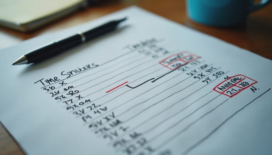 A documentary-style close-up of a desk with a handwritten time-accounting list and a pen, showing a real-world workflow audit.