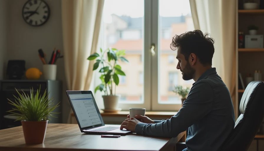 A thoughtful professional looking out the window while closing a laptop at home, representing future career options and side planning.