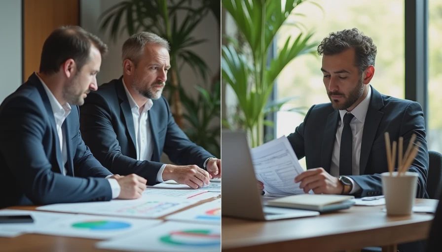 A documentary-style split image contrasting a data analyst explaining complex spreadsheets to a manager (left) with a confused small business owner reading a simple report