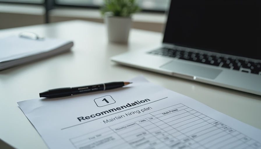 A documentary-style photo of a minimalist workspace focused on a printed, concise decision brief next to a laptop, clearly stating "Recommendation: Hold hiring plan," contrasting with blurred raw data in the background.