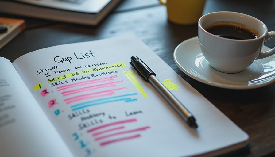 A documentary shot focusing on a handwritten 'Gap List' in a notebook, created during Step 5 to outline the professional action plan.