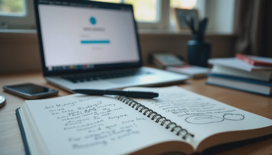 A close-up documentary shot of a messy desk with crossed-out notes, symbolizing the struggle to extract shareable work from confidential projects.
