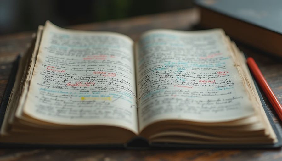 A close-up documentary photo of a chaotic, dense handwritten meeting notebook, illustrating information overload and lack of structure.