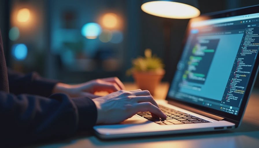 A documentary-style photo of someone configuring an integration setup on a laptop late at night under focused desk lighting.