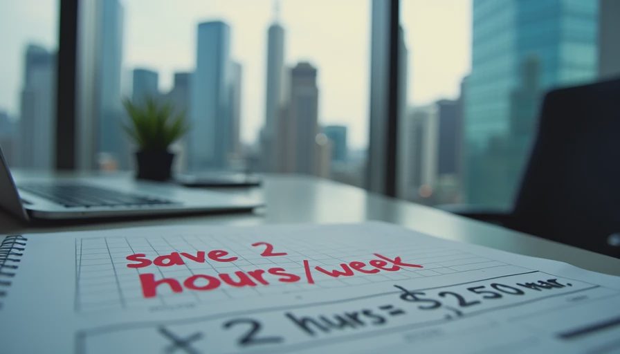 A spreadsheet highlighting a small weekly time saving is physically dwarfed by a dramatic city skyline, symbolizing the gap between personal and corporate perceived value.