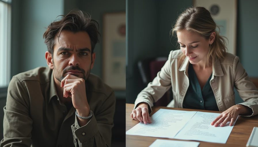 A documentary-style diptych showing the contrast between a vague, troubled expression (left) and a confident, focused professional with a clear repair list (right).