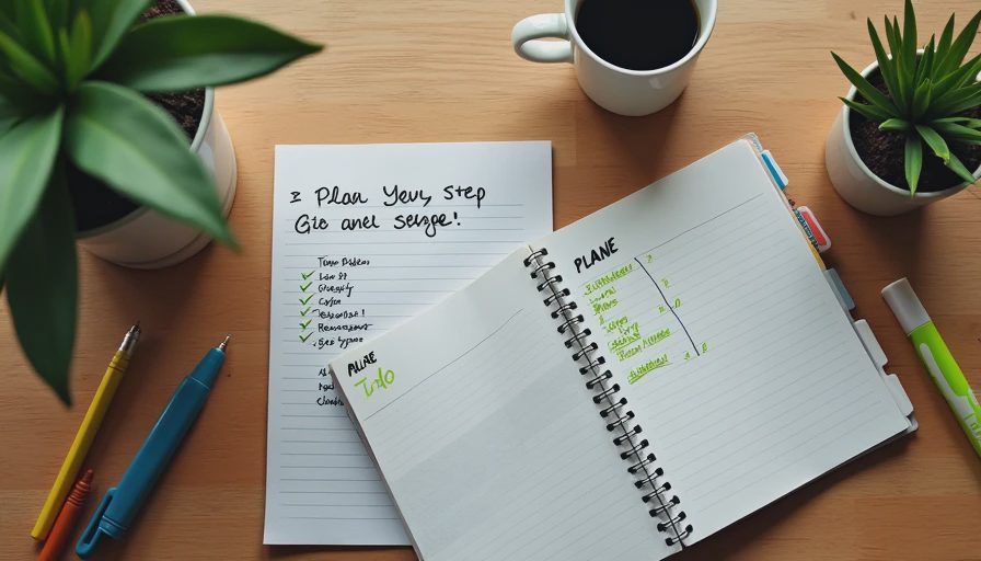 A documentary overhead shot of a clean desk with a structured notebook and a highlighted action checklist for process division.