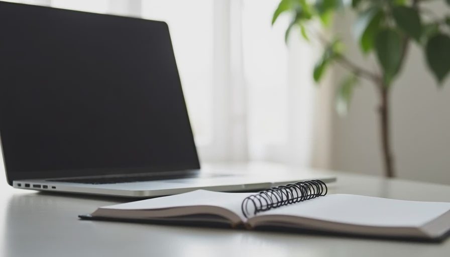 A minimalist workspace showing a laptop and an open notebook, ready for a quick weekly career review exercise.