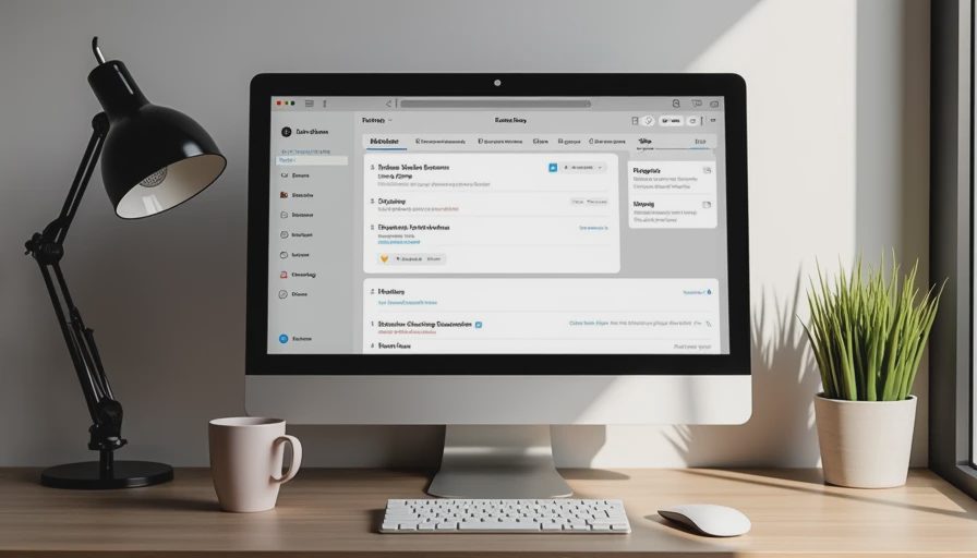 A documentary-style photo of a minimalist workspace showing a streamlined and manageable email management interface on a clean screen.