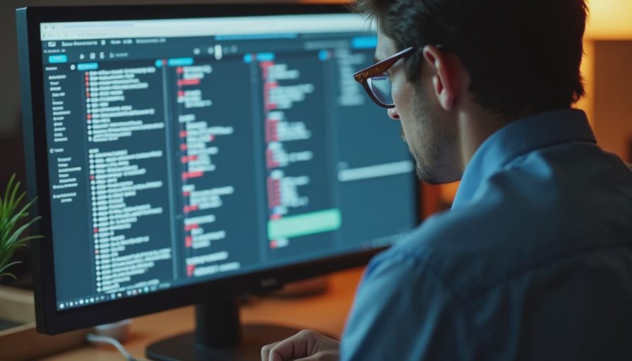 A documentary-style photo of a tired professional reviewing an automated email triage and tagging workflow on a computer screen.