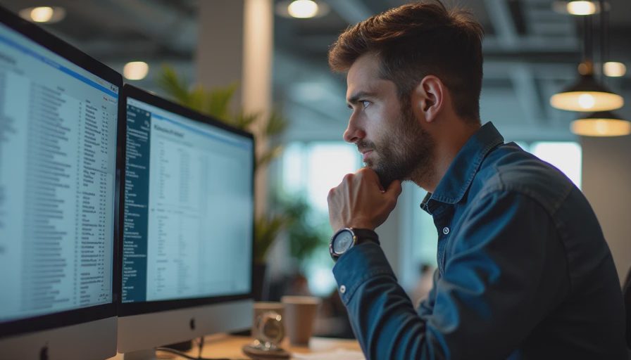 A documentary-style photo taken in an open-plan office, showing a focused professional deep in thought before a computer screen with dense spreadsheet data on the left and a blank document on the right.