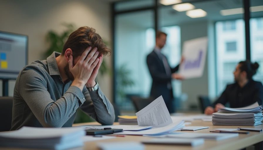 A split-focus shot shows a stressed analyst reviewing a painful report in a cluttered office, while a calm operations director presents a sleek summary in a boardroom, emphasizing the budget disconnect.